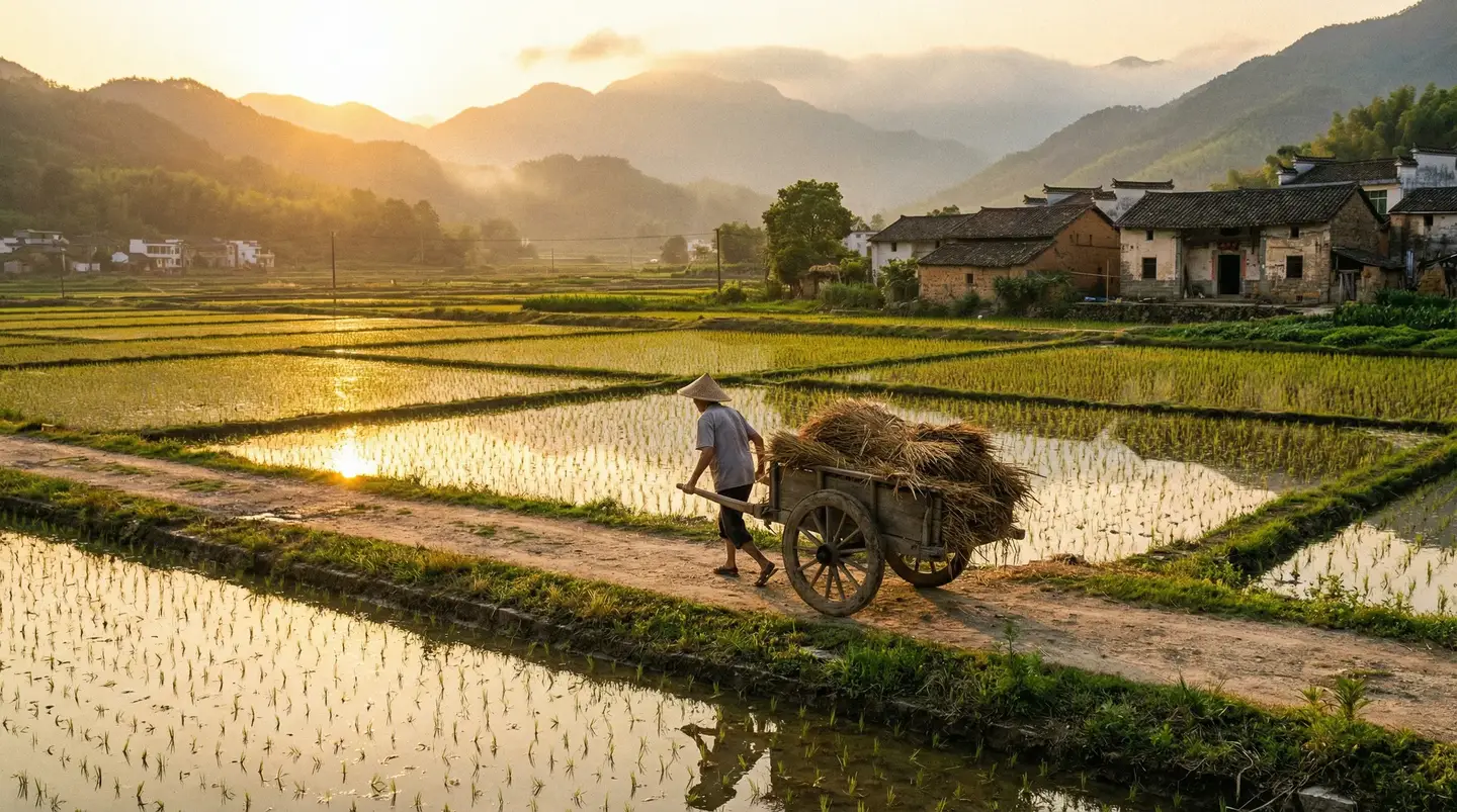 结婚狂想曲百度影音 - 金色夕阳下的乡村田野，老农推着木车行走在田埂上